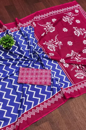 Blue zigzag, floral print mulmul cotton saree with blouse.