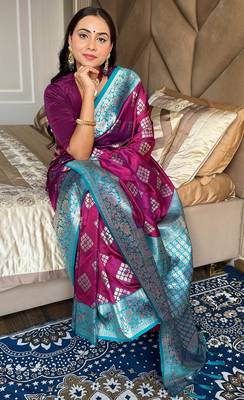 Purple silk blend banarasi woven saree with unstitched blouse piece 4