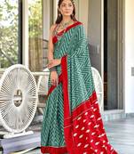 Teal green zigzag print mulmul cotton saree with blouse.