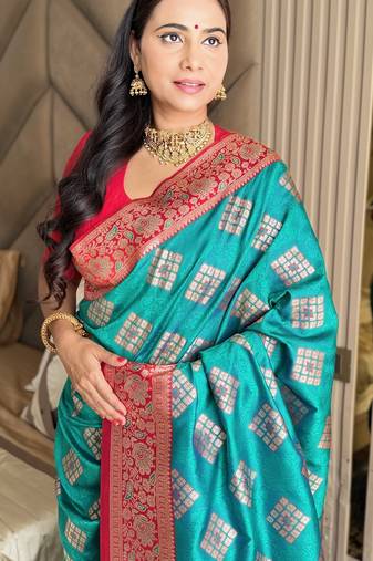 Turquoise silk banarasi woven saree with unstitched blouse piece