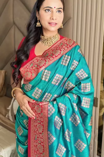 Turquoise silk banarasi woven saree with unstitched blouse piece