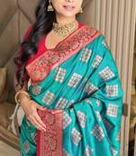 Turquoise silk blend banarasi woven saree with unstitched blouse piece