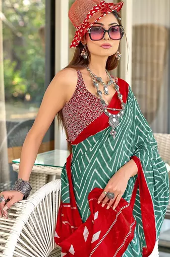 Teal green zigzag print mulmul cotton saree with blouse.
