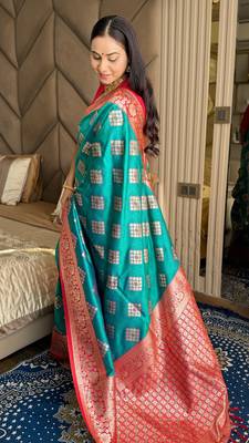 Turquoise silk blend banarasi woven saree with unstitched blouse piece 3