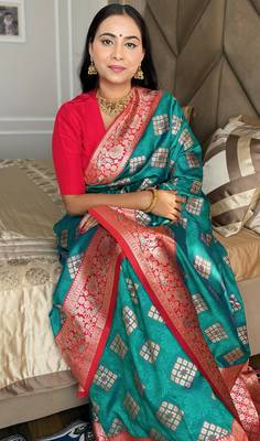 Turquoise silk blend banarasi woven saree with unstitched blouse piece 4