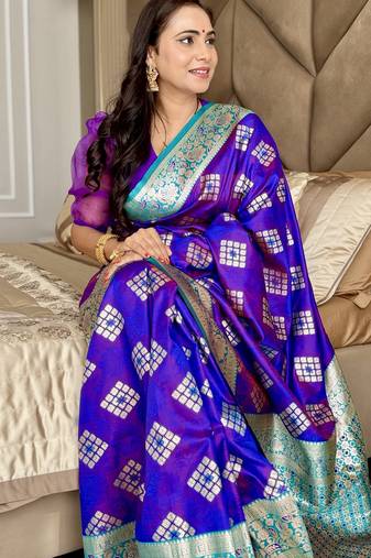Violet silk banarasi woven saree with unstitched blouse piece