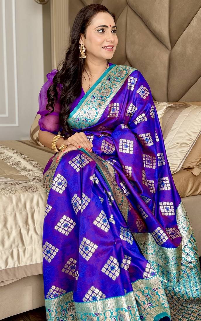 Violet silk banarasi woven saree with unstitched blouse piece