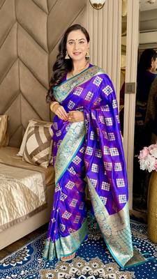 Violet silk blend banarasi woven saree with unstitched blouse piece 2