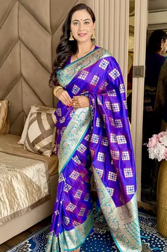 Violet silk blend banarasi woven saree with unstitched blouse piece