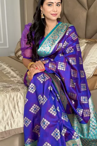 Violet silk blend banarasi woven saree with unstitched blouse piece