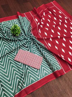 Teal green zigzag print mulmul cotton saree with blouse. 5