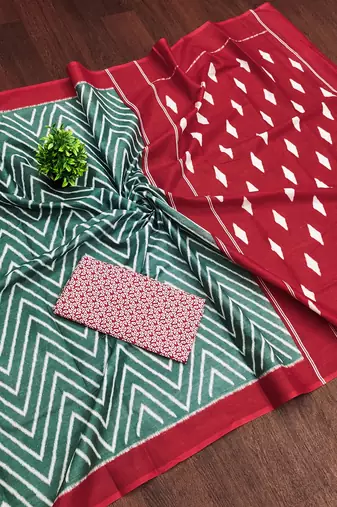 Teal green zigzag print mulmul cotton saree with blouse.
