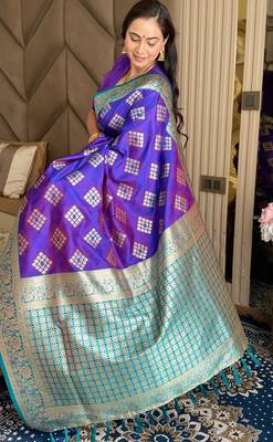 Violet silk blend banarasi woven saree with unstitched blouse piece 4