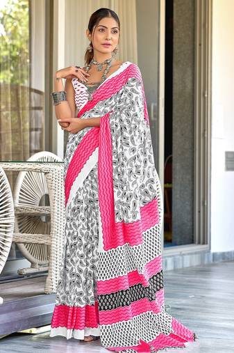 White paisley print mulmul cotton saree with blouse.