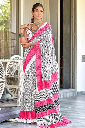 White paisley print mulmul cotton saree with blouse.