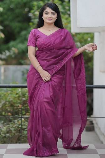 Meganta Color Malti Thread & Sequence Embroidery work Net Saree