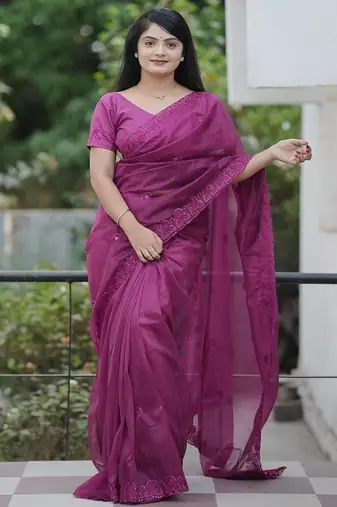 Meganta Color Malti Thread & Sequence Embroidery work Net Saree