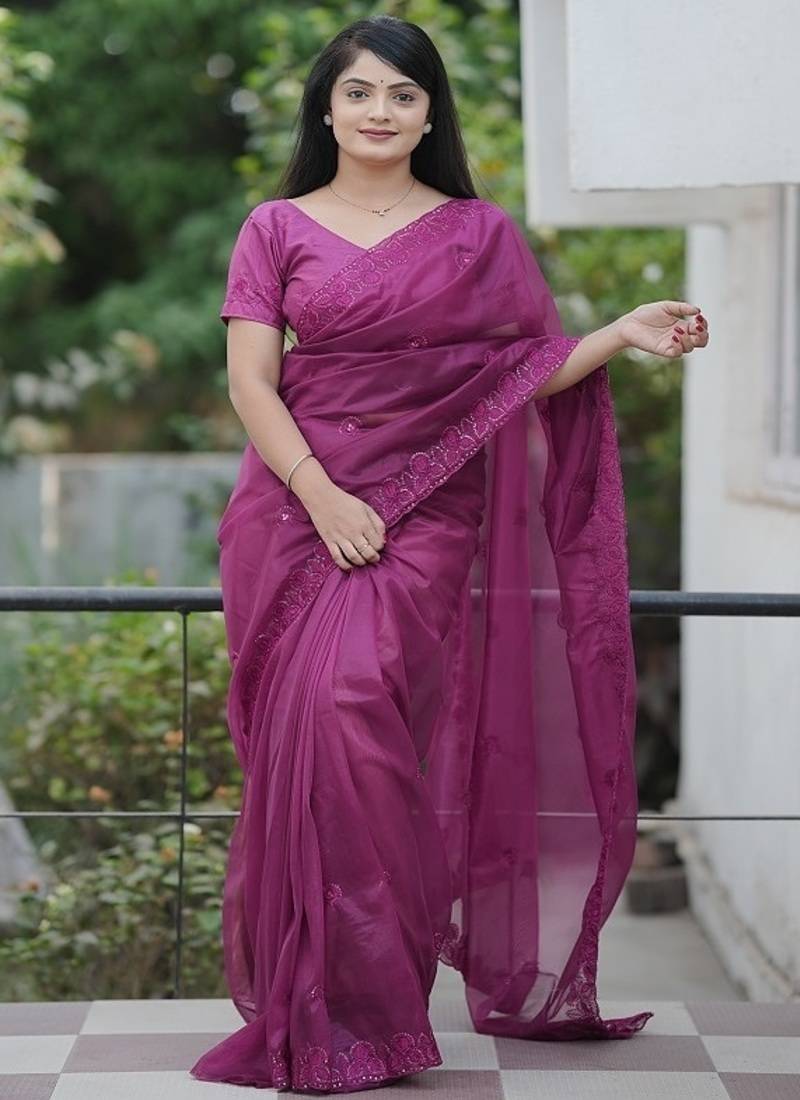 Meganta Color Malti Thread & Sequence Embroidery work Net Saree