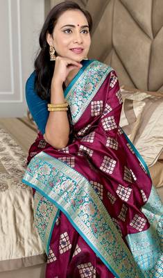 Wine silk blend banarasi woven saree with unstitched blouse piece 1