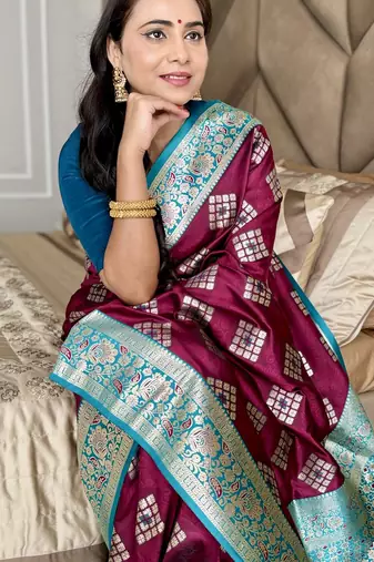 Wine silk banarasi woven saree with unstitched blouse piece