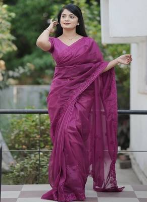 Meganta Color Malti Thread & Sequence Embroidery work Net Saree 2