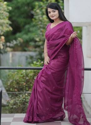 Meganta Color Malti Thread & Sequence Embroidery work Net Saree 3