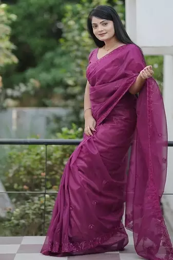 Meganta Color Malti Thread & Sequence Embroidery work Net Saree