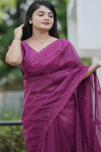 Meganta Color Malti Thread & Sequence Embroidery work Net Saree