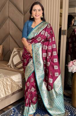 Wine silk blend banarasi woven saree with unstitched blouse piece 2