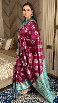 Wine silk blend banarasi woven saree with unstitched blouse piece 3