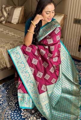 Wine silk blend banarasi woven saree with unstitched blouse piece 4