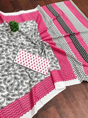 White paisley print mulmul cotton saree with blouse. 5