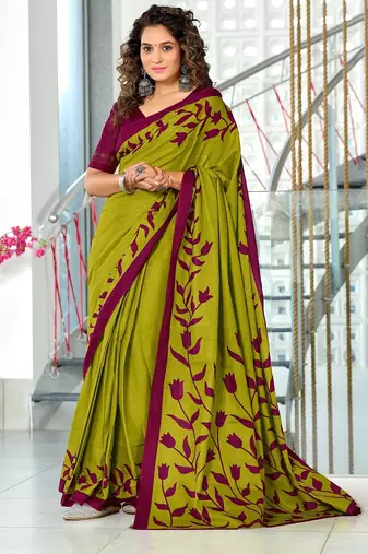 Green floral print mulmul cotton saree with blouse.