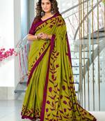 Green floral print mulmul cotton saree with blouse.