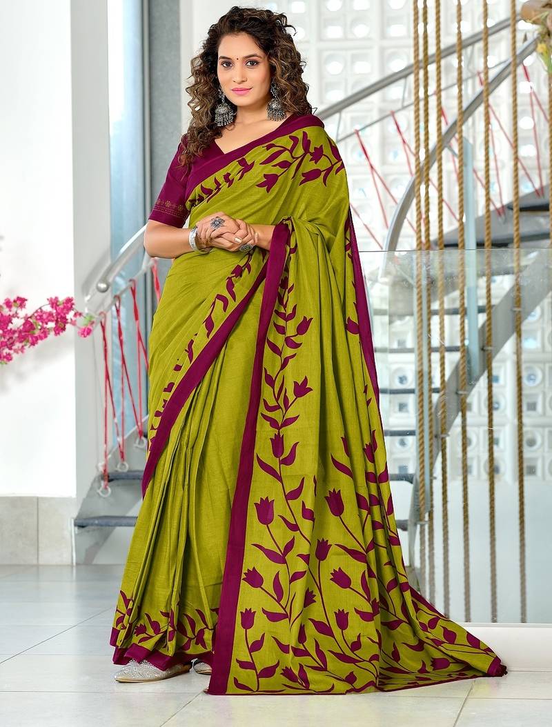 Green floral print mulmul cotton saree with blouse.