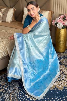 Blue silk blend banarasi saree with unstitched blouse piece 1