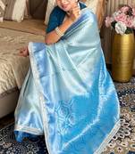 Blue silk blend banarasi saree with unstitched blouse piece