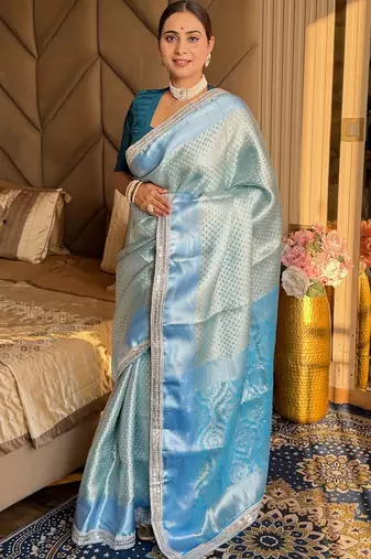Blue silk blend banarasi saree with unstitched blouse piece