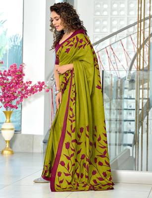 Green floral print mulmul cotton saree with blouse. 3