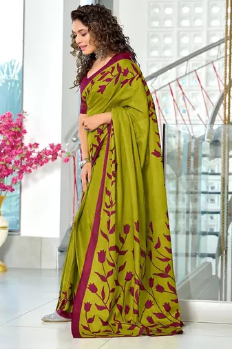 Green floral print mulmul cotton saree with blouse.