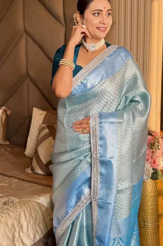 Blue silk blend banarasi saree with unstitched blouse piece