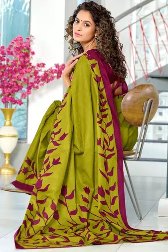 Green floral print mulmul cotton saree with blouse.