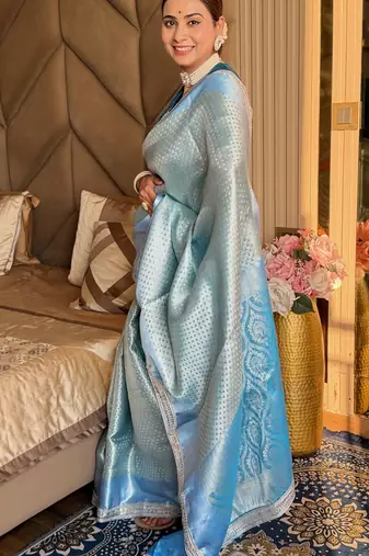 Blue silk blend banarasi saree with unstitched blouse piece