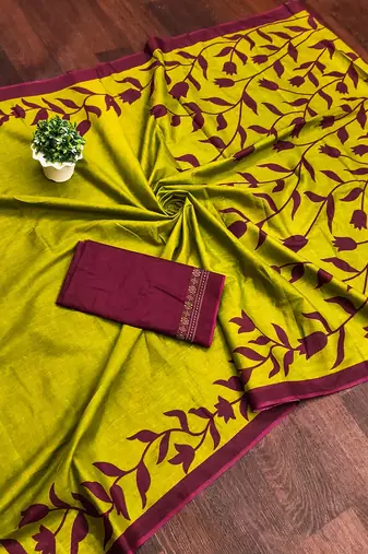 Green floral print mulmul cotton saree with blouse.