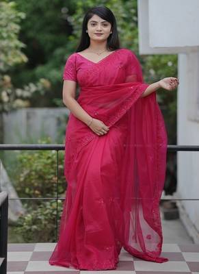 Pink Color Malti Thread & Sequence Embroidery work Net Saree 1