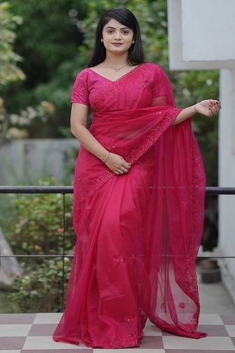 Pink Color Malti Thread & Sequence Embroidery work Net Saree