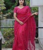 Pink Color Malti Thread & Sequence Embroidery work Net Saree