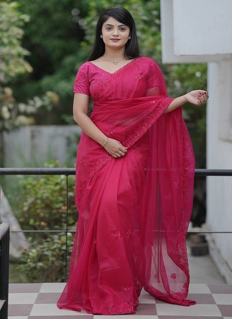 Pink Color Malti Thread & Sequence Embroidery work Net Saree