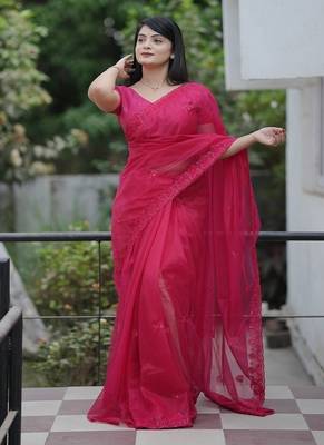 Pink Color Malti Thread & Sequence Embroidery work Net Saree 2