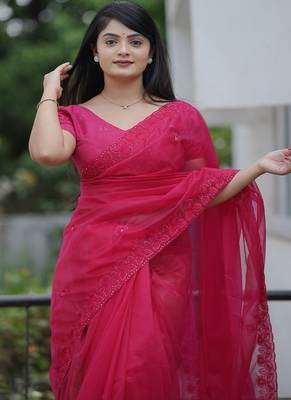Pink Color Malti Thread & Sequence Embroidery work Net Saree 4